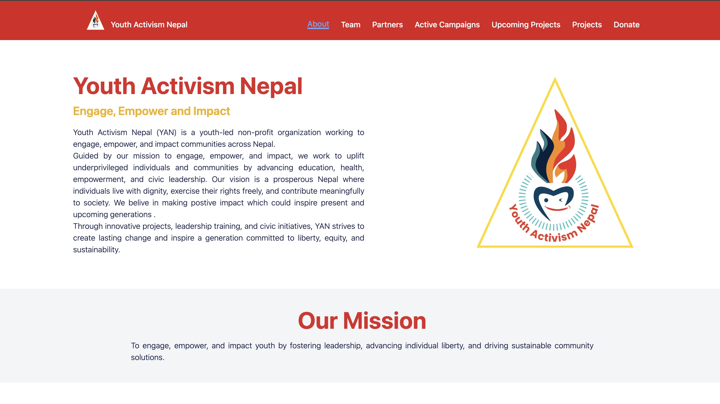 Youth Activism Nepal website About page showing the hero section and organization branding.